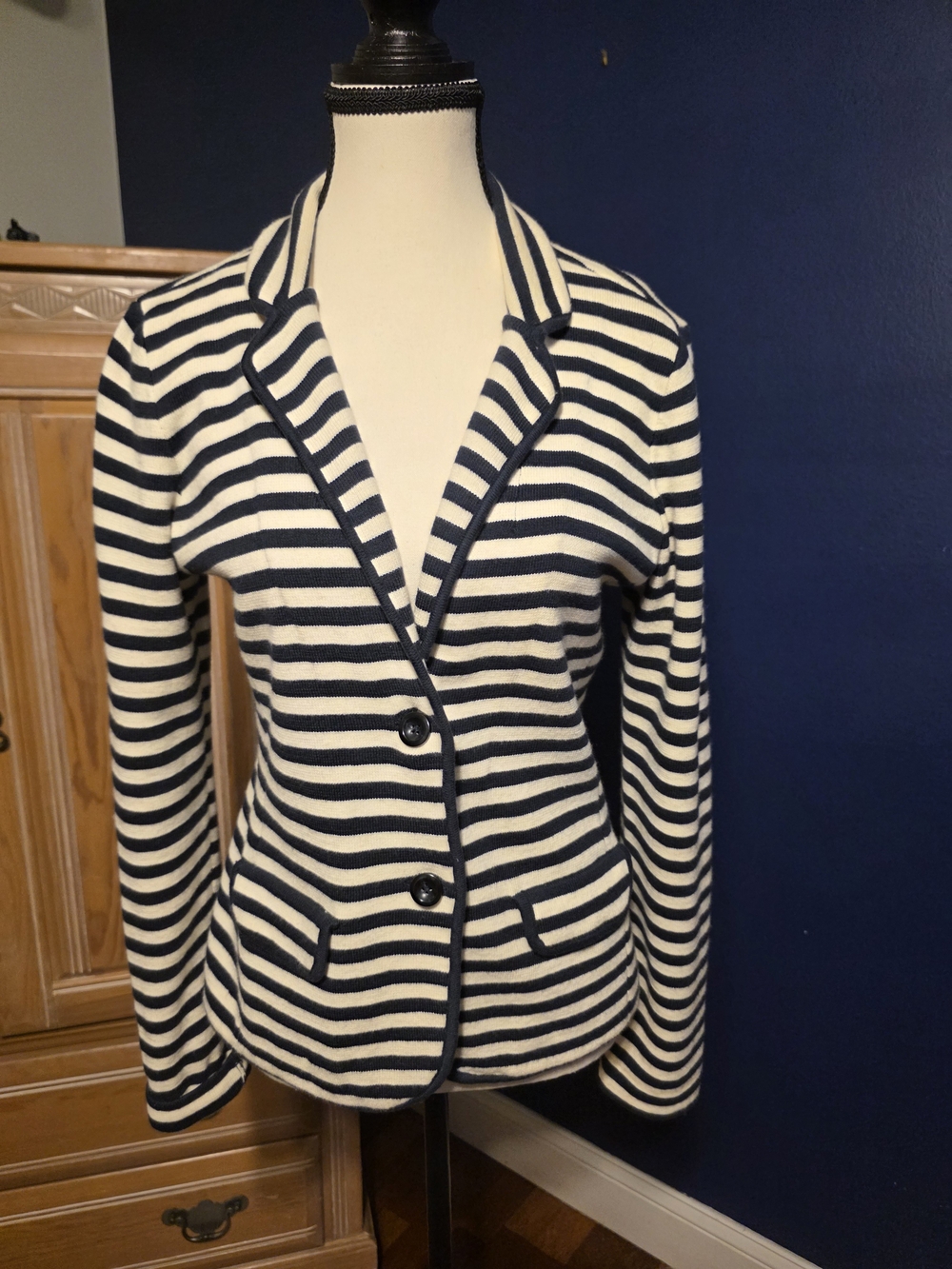 Ann Taylor Navy and White Striped Knit Blazer With 21% Merino Wool